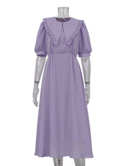 Elegant Puff-Sleeve High Waist A-Line Midi Dress