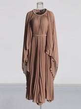 Elegant Round Neck Waist Belted Pleated Dress