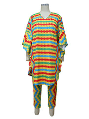 Casual Print V Neck Loose Oversized Top And Pants Set