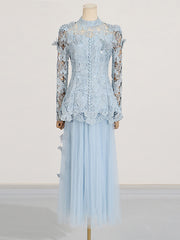 Elegant Embroider Hollow Tops Mesh Pleated Skirt Sets