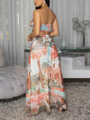 Fashion Print Strapless Crop Top And Maxi Skirt Sets
