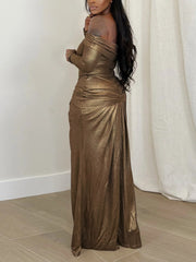 Fashion Off Shoulder Long Sleeve Ruched Maxi Dress