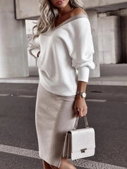 Fashion V-Neck Top and High Waist Knee Length Skirt Set