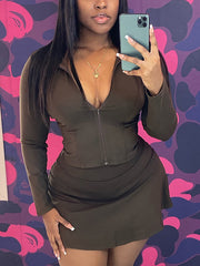 Stand Collar Zipper Slim Top Mini Skirt Set