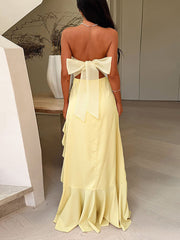 Sexy Strapless Backless Bow Hem Ruffle Maxi Dress
