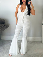 Sexy Deep V Ruffle Sheer Mesh Flare Jumpsuit