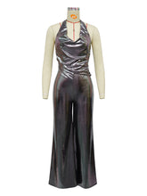 Sexy V-Neck Halter Metallic Color Wide Leg Jumpsuit