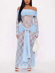 Sexy Lace Off Shoulder See Through Maxi Dress