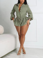 Casual Ruffle Lace-up Long Sleeve Cargo Romper