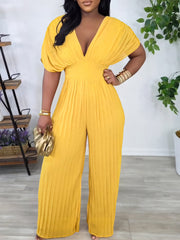 Solid Color V-Neck Pleated Wide Leg Jumpsuit