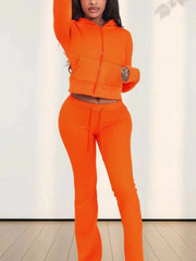 Waffle Hooded Zipper Top Drawstring Trousers Sports Set