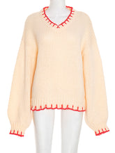 Casual V Neck Loose Contrast Stitch Chunky Knit Sweater