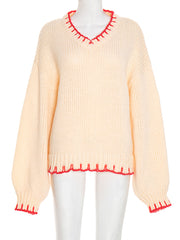 Casual V Neck Loose Contrast Stitch Chunky Knit Sweater