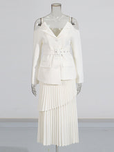 Elegant Off-shoulder Blazer and Pleated Skirt Set