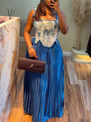 Sexy Print Bandage Vest Maxi Pleated Skirt Set