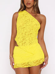 Sexy Lace Sloping Shoulder Tops Mini Skirt Sets