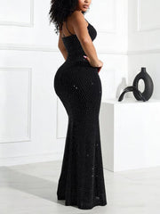 Elegant Mesh Rhinestone Spaghetti Strap Maxi Dress