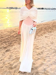 Elegant High Waist Cape Pleated Maxi Dress