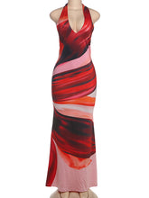 Sexy Backless Print Halter Maxi Dress