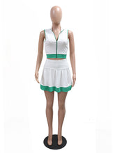 Stretch Ribbed Zip Crop Top And Tenni Skirt 2 Piece Set