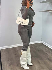 Elastic Denim Crop Jacket And Jeans Casual Set