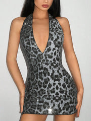 Sexy Deep V Neck Sequin Leopard Print Bodycon Dress