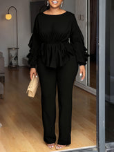 O Neck Ruffle Long Sleeve Drawstring Top Pants Set