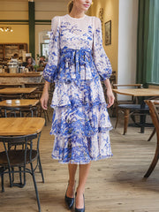 Fashion Round Collar Print Tiered Midi Dress