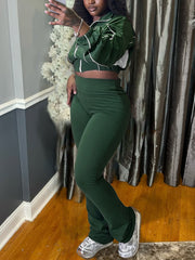 Zipper Cropped Flared Pants Casual Two Piece Sets