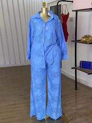 Casual Sheer Shirt And Straight Trousers Two Piece Set