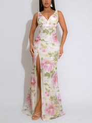 Sexy Sling Floral Print Sequin Backless Slit Maxi Dress