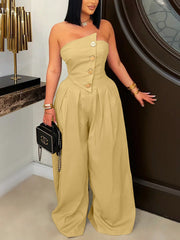 Metal Button Decor Strapless Wide Leg Jumpsuit