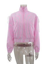 Casual Lace Bow Embellishment Plaid Zip Shirt Top