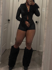 Vintage Faux Leather Crop Top Shorts Two Piece Set