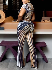 Round-neck Print Sheer Mesh Crop Top Slim Pant Sets