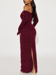 Off Shoulder Flared Sleeve Split Dress