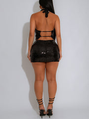 Sexy Sequin Halter Backless Top Mini Skirt Club Sets