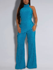 Sexy Halter Asymmetry Top Wide Leg Pant Sets