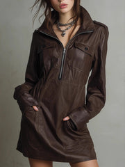 Vintage Zipper Loose Faux Leather Mini Dress