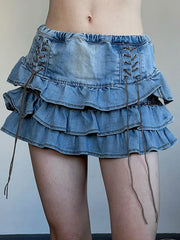 High Rise Washed Lace-Up Mini Layered Denim Skirt
