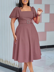 Bell Sleeve Square Neck High Waist Elegance Dress