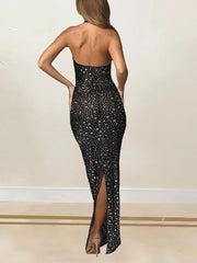 Sheer Rhinestone Halter Party Club Maxi Dress
