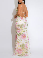 Sexy Sling Floral Print Sequin Backless Slit Maxi Dress