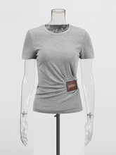 Casual Round Neck Leather Patchwork Slim T-shirt