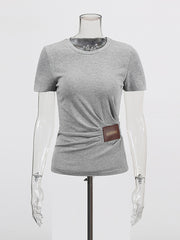 Casual Round Neck Leather Patchwork Slim T-shirt