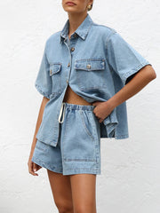 Casual Button Down Denim Shirt Shorts Set