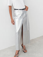 High Waist Pu Leather Front Slit Long Wrap Skirt