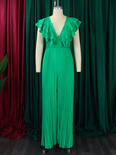 Elegant V Neck Ruffle Pleated Wide Leg Jumpsuit
