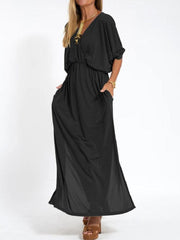 Solid Color V Neck High Waist Loose Dress