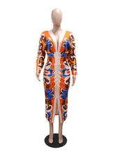 Fashion Print Deep V Neck Folds Split Dress